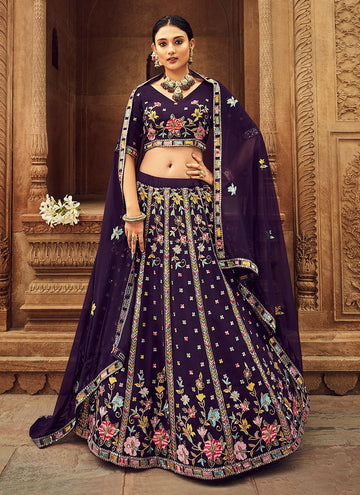Classical Purple Georgette Thread Embroidered Lehenga Choli